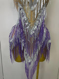Women Sexy Stretch Mesh Sparkly Rhinestone Tassels Mini Dress Nightclub Singer Dance Stage Costume Evening Gowns