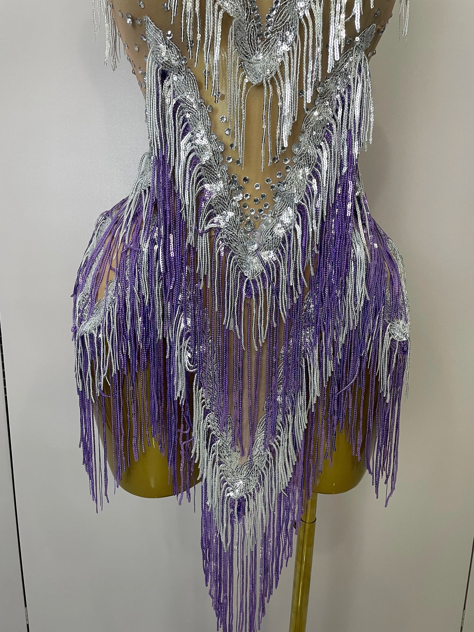 Women Sexy Stretch Mesh Sparkly Rhinestone Tassels Mini Dress Nightclub Singer Dance Stage Costume Evening Gowns