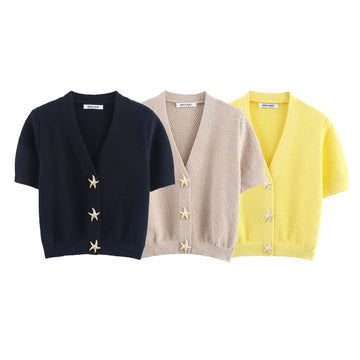 2025 Summer New Women's Clothing Japanese Style Simple Sweet Versatile V-neck Solid Color Knitted Cardigan Top