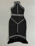 2025 Sexy Women Heavy Industry Pearl Nail Bead Bandage Dress Hanging Neck Sleeveless Bodycon Backless Midi Tassel Dress Vestidos black
