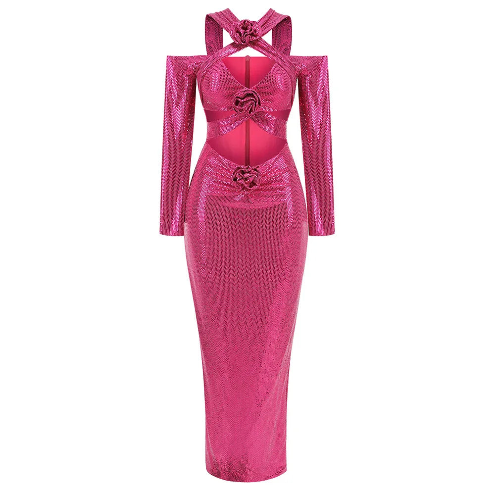 Rosered Color Women Long Sleeve Sexy Keyholes Shinning Sequins Bodycon Long Dress Evening Party Celebrate Cocktail Dress Rose Red