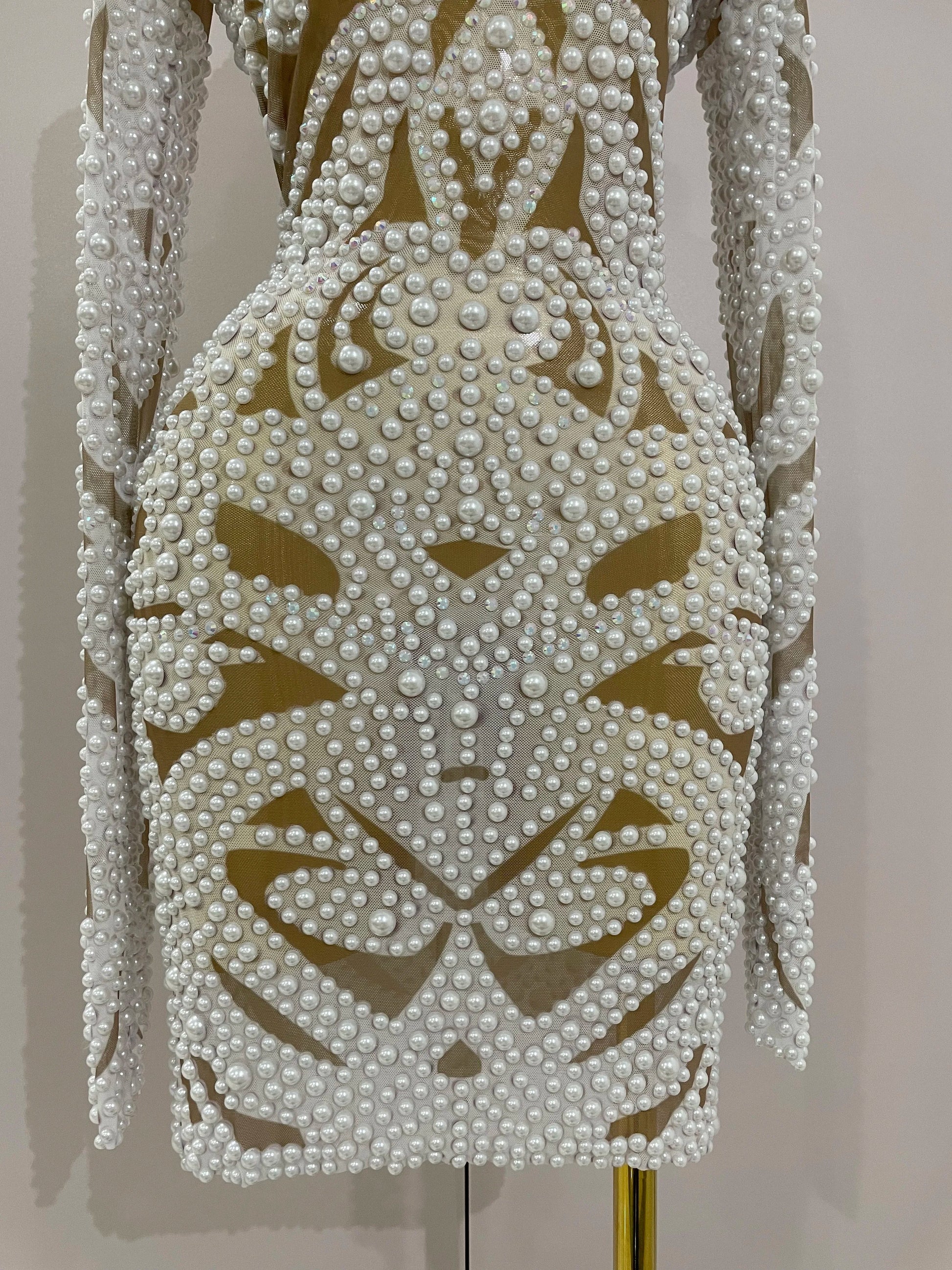 High-end Elegant Evening Gown AB Rhinestones Pearls Luxury Long Sleeves Mesh Dress Women Cocktail party Wedding Costume