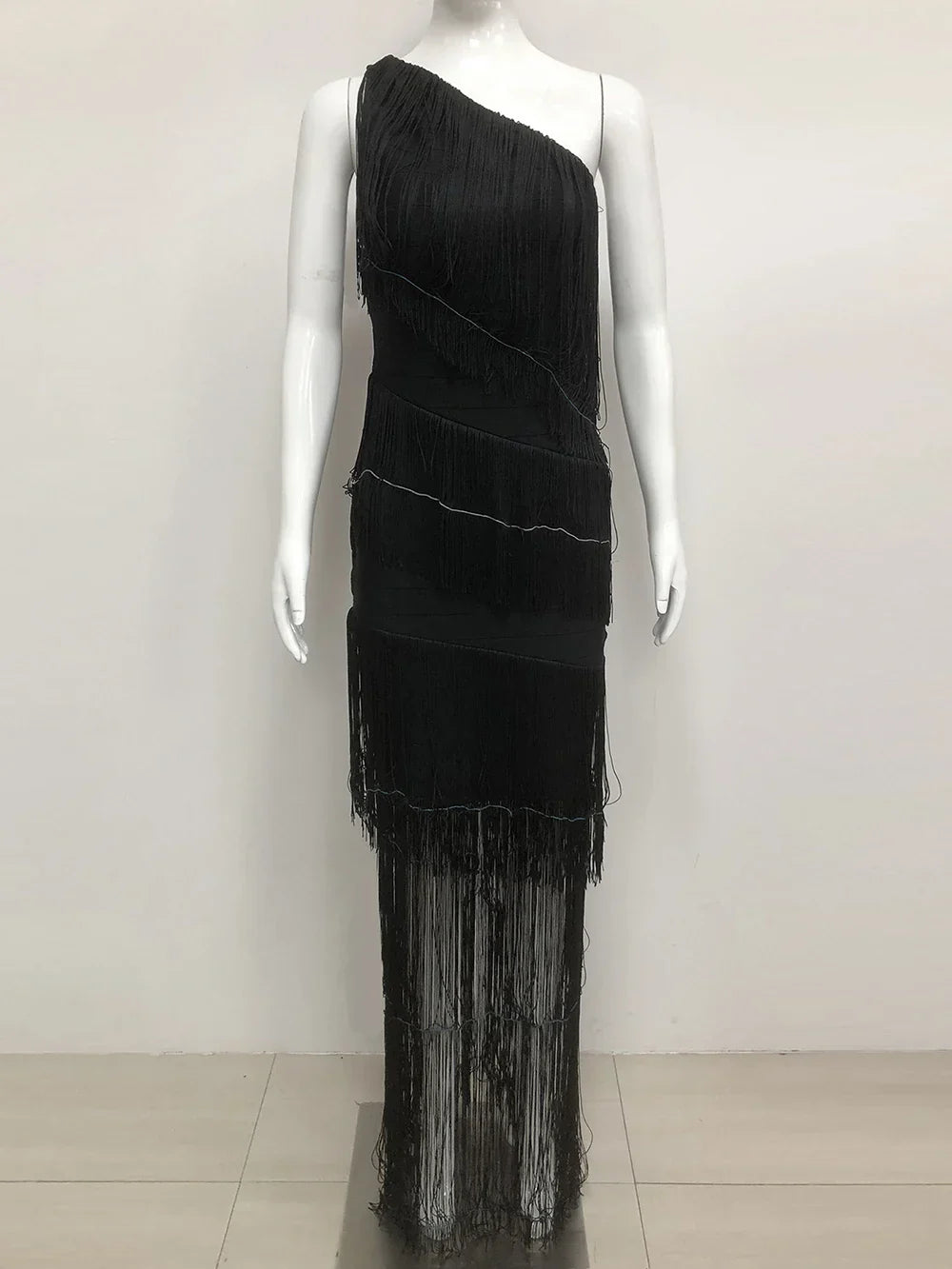 Women's One Shoulder Diagonal Collar Fringe Bandage Long Dress Summer Tassel Vacation Birthday Evening Night Club Vestidos