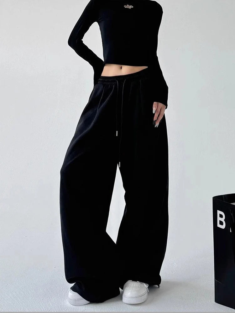 Korean Fashion Wide Leg Loose Sweatpants Women High Waist Drawstring Gray Sports Pants Y2K Streetwear Baggy Oversize Trousers