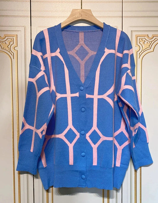 Women's Casual Oversized Cardigan Knitted 2023 Fall V-neck Lantern Long Sleeve Single-breasted Printed Knit Blue