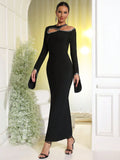 2025 Sexy Women's Light Luxury Hot Diamond Hollow Design Bandage Dress O-Neck Long Sleeve Bodycon Long Dress Club Party Vestidos black