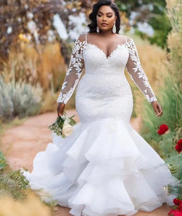 Plus Size Mermaid Wedding Dress 2026 Sheer Neck Long Sleeves Lace Appliques Ruffles Tiered Bride Bridal Gowns African Vestidos
