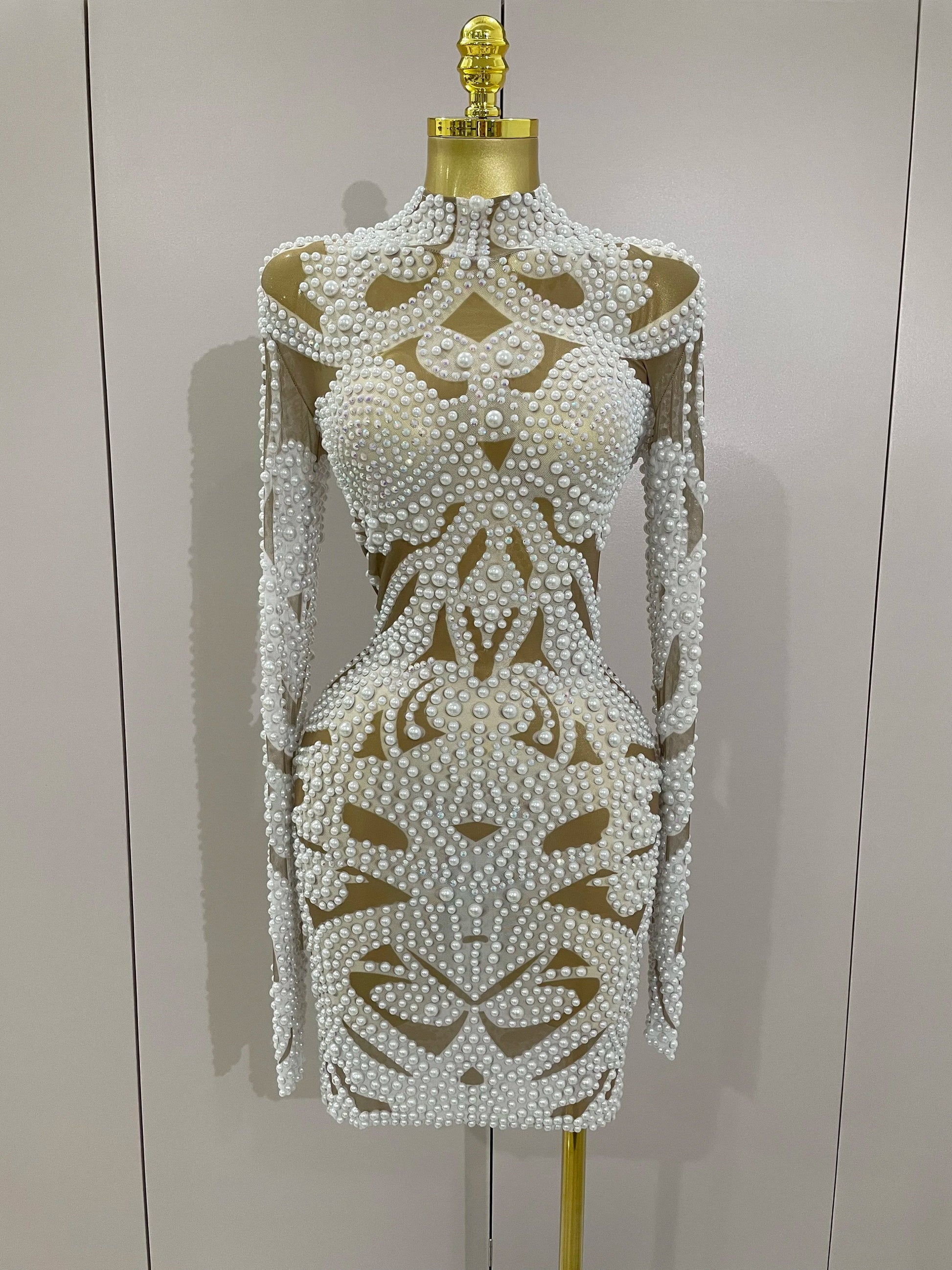 High-end Elegant Evening Gown AB Rhinestones Pearls Luxury Long Sleeves Mesh Dress Women Cocktail party Wedding Costume WHITE