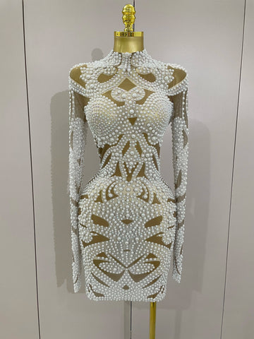 High-end Elegant Evening Gown AB Rhinestones Pearls Luxury Long Sleeves Mesh Dress Women Cocktail party Wedding Costume WHITE