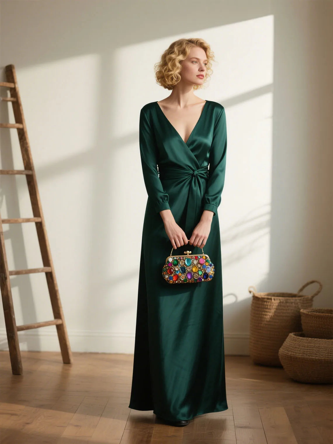 Mother Of The Bride Dress - Sexy V Neck Long Sleeves Satin Evening Dress High Split Elegant Ankle Length Mother of the Bride Dress 2025 free customized