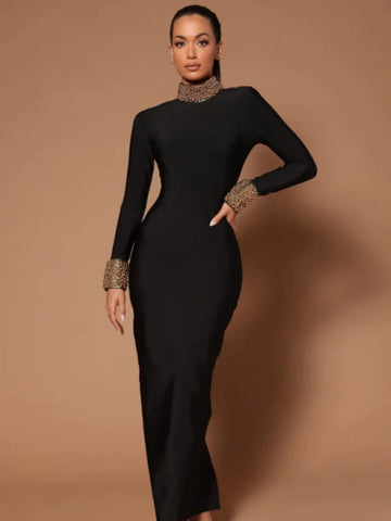 Black Color Women Long Sleeve Sexy Backless Golden Beading Bodycon Bandage Long Dress Fashion Celebrate Evening Party Dress
