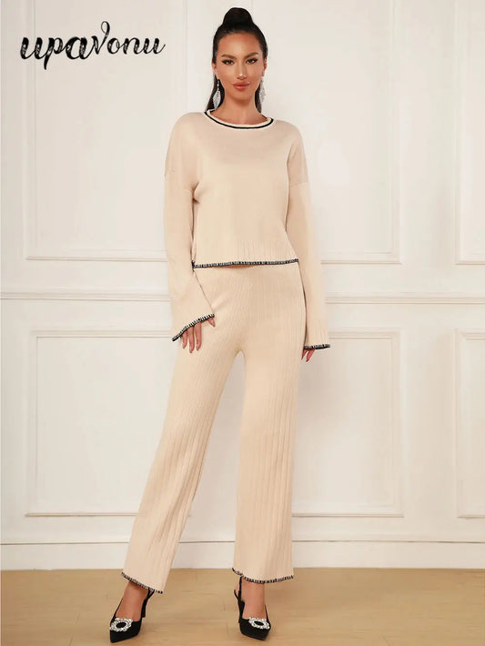 Spring Casual Women's Knitted Pants Set O-neck Long Sleeve Hoodie Loose Knitted Shirt+Straight Pants Two Piece Set