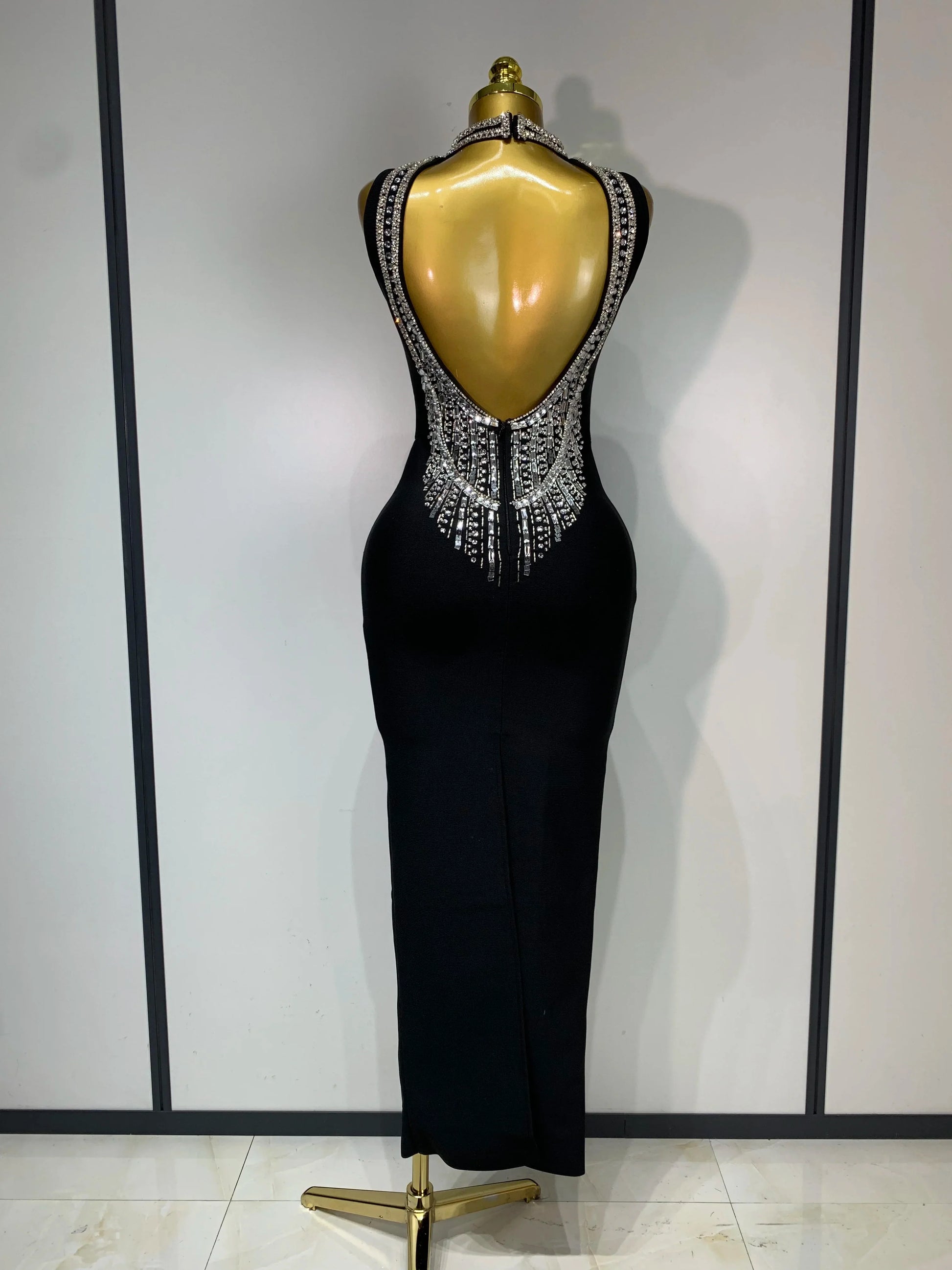 Celebirty Elegant Evening Party Vestido Women's Diamonds Beading Sleeveless Sexy Backless Bandage Dress Wedding Guest Prom Gown