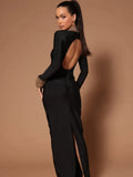 Black Color Women Long Sleeve Sexy Backless Golden Beading Bodycon Bandage Long Dress Fashion Celebrate Evening Party Dress