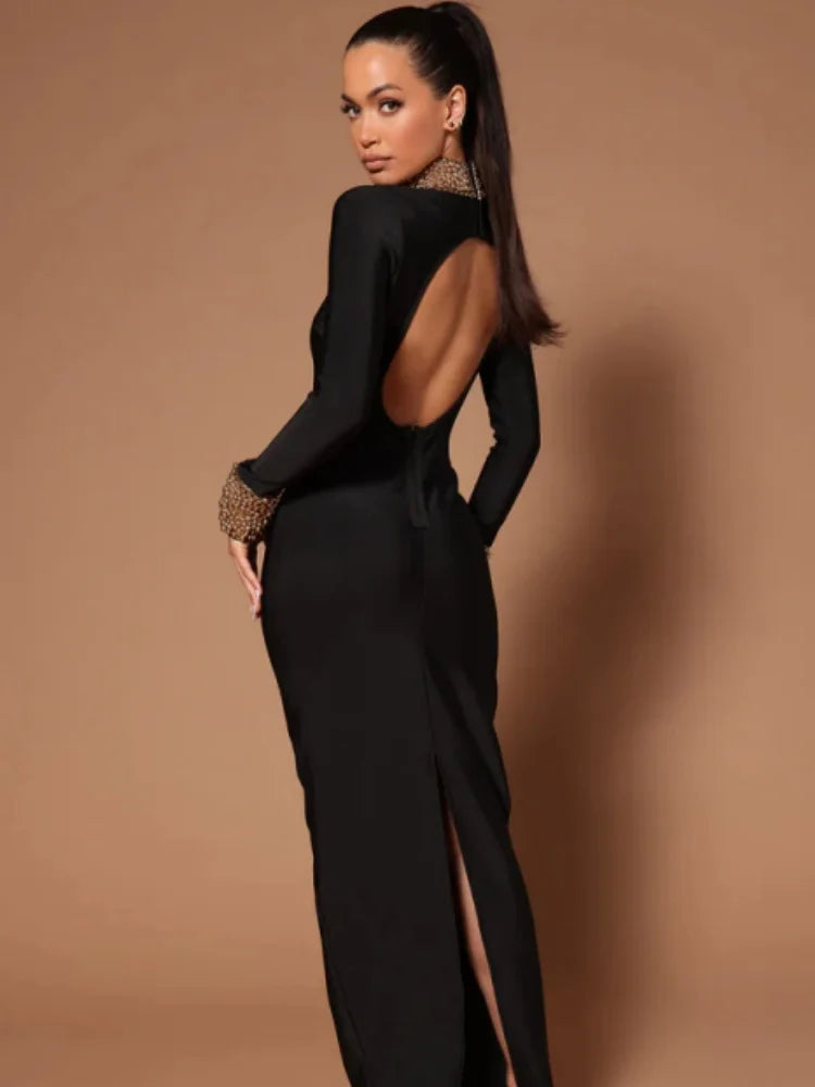 Black Color Women Long Sleeve Sexy Backless Golden Beading Bodycon Bandage Long Dress Fashion Celebrate Evening Party Dress
