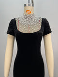 High Quality Women Short Sleeve Pearl Beading Velvet Bodycon Long Dress Elegant Evening Party Celebrate Cocktail Dress