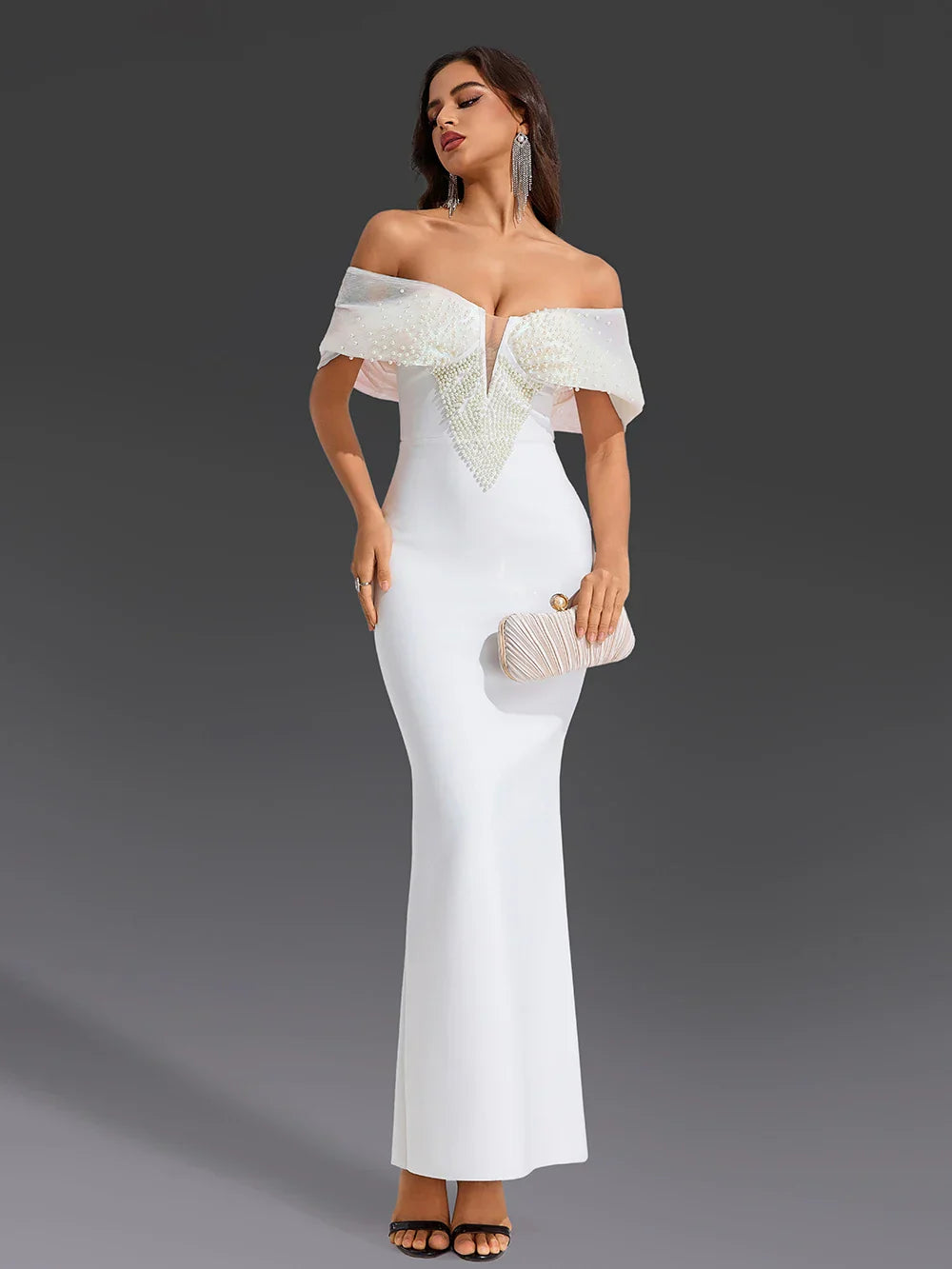 Women Sexy Pearl Beading Tight Maxi Bandage Dress Off The Shoulder Patchwork Bodycon Clothes Club Evening Party Elegant Gown