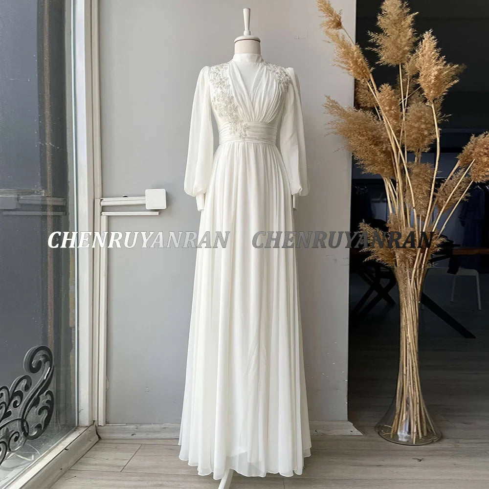 Muslim Wedding Party Gowns Lace Applique Beaded Chiffon Long Wedding Dresses For Women Full Sleeve Elegant vestido de novia