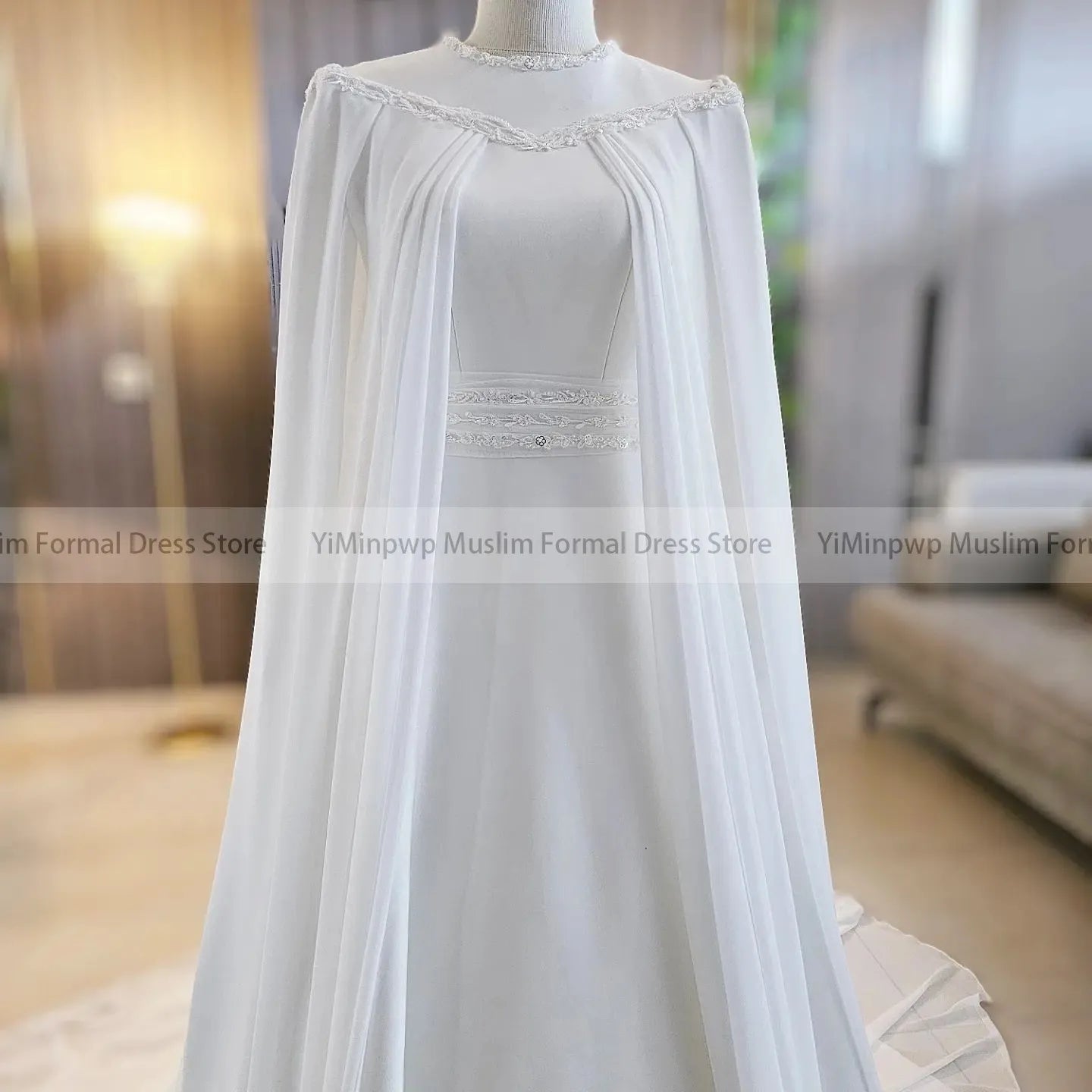 Muslim Wedding Dresses with Cape O Neck Long Sleeve Sweep Train A Line Beading Chiffon Hijab Bride Bridal Gowns Customized