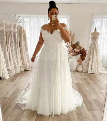 Plus Size Wedding Dress A Line Off The Shoulder Lace Big Bridal Gowns Appliques Zip Back Gorgeous Lady Marriage Dresses