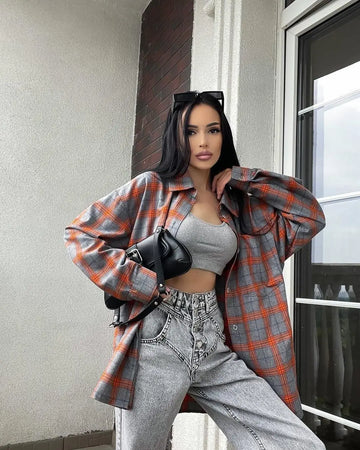 Vintage Plaid Loose Blouse Women Spring Summer Fashion Korean Lapel Single Breasted Shirt Y2K Clothes Long Sleeve Top Streetwear