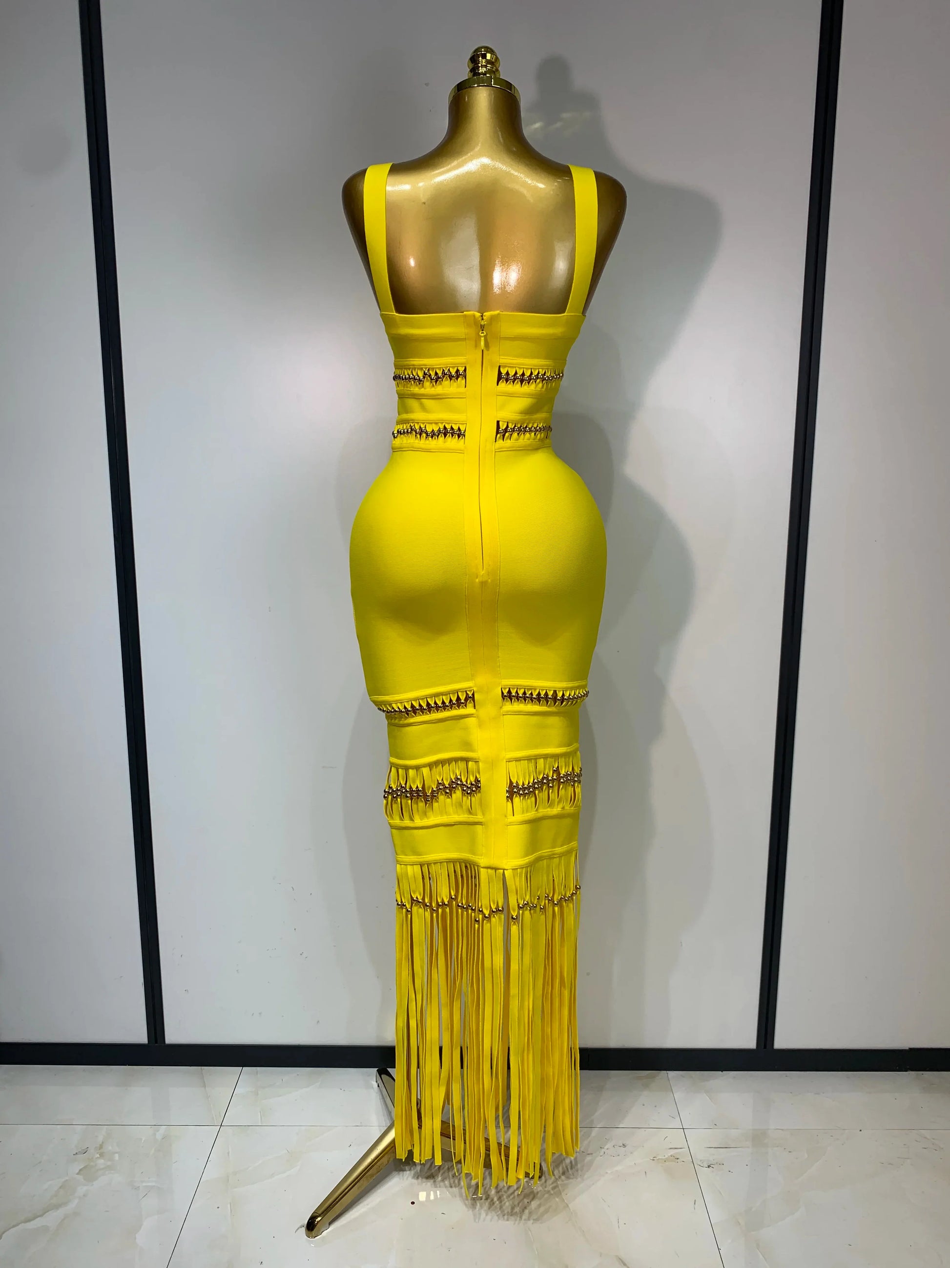 Women Sleeveless Sexy Square Collar Tassel Bodycon Bandage Dress Celebrity Elegant Evening Party High Quality Birthday Dress