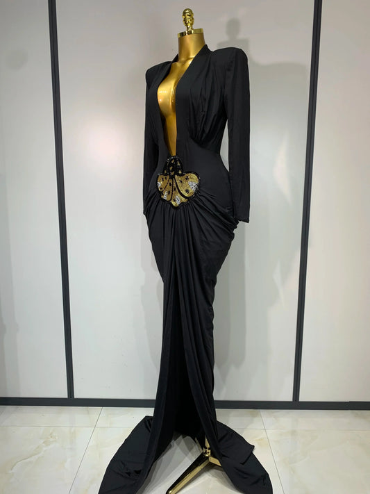 Women Sexy Deep V-Neck Bead Long Sleeved Bodycon Prom Gowns Elegant Celebrity Evening Maxi Dress Luxury Birthday Dress Wedding