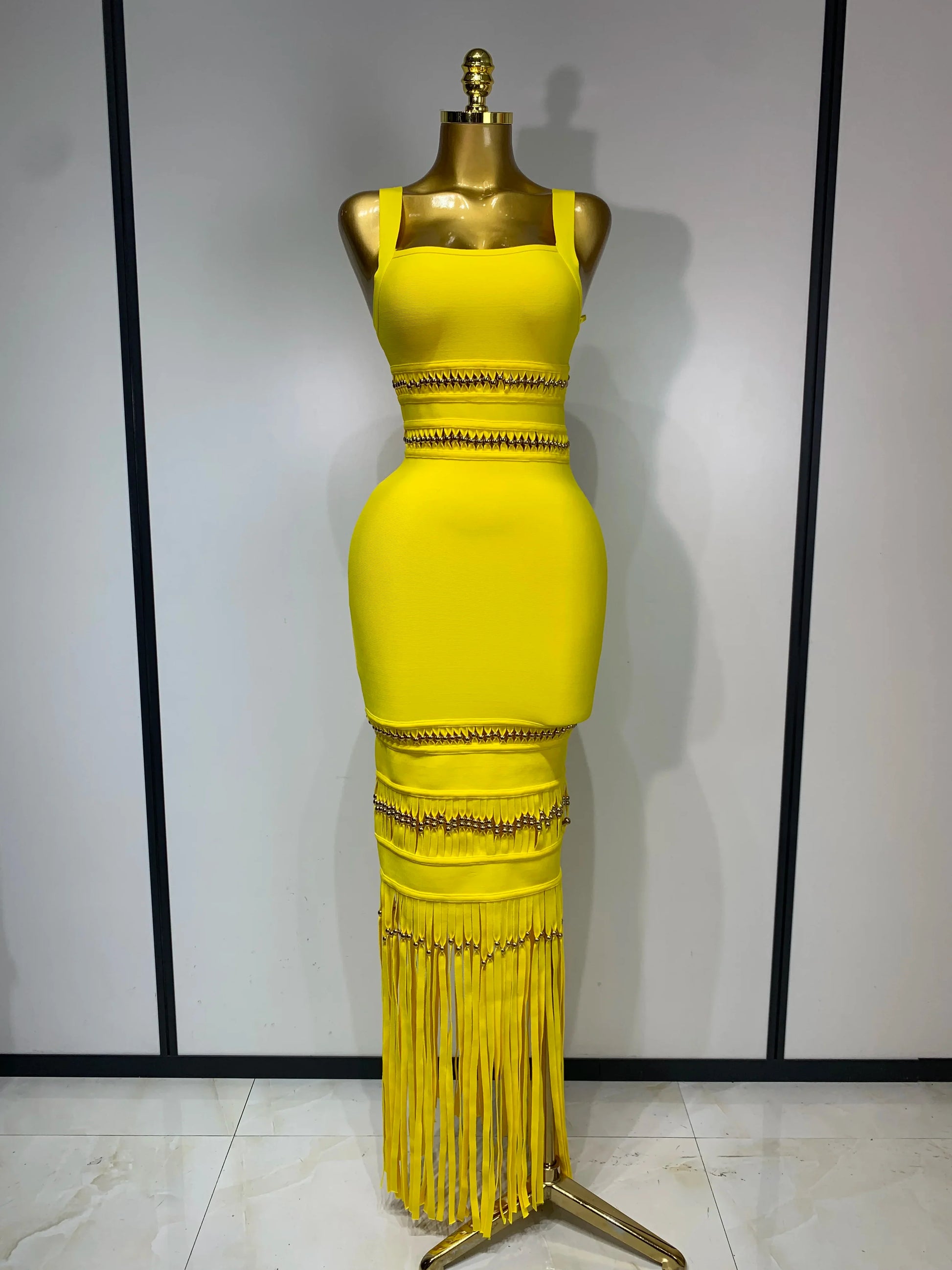 Women Sleeveless Sexy Square Collar Tassel Bodycon Bandage Dress Celebrity Elegant Evening Party High Quality Birthday Dress Yellow
