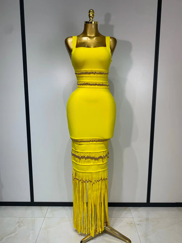 Women Sleeveless Sexy Square Collar Tassel Bodycon Bandage Dress Celebrity Elegant Evening Party High Quality Birthday Dress Yellow
