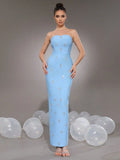 2024 Sexy Women'S Light Luxury Rhinestone Bandage Dress Strapless Sleeveless Bodycon Backless Long Dress Christmas Party Vestido Blue