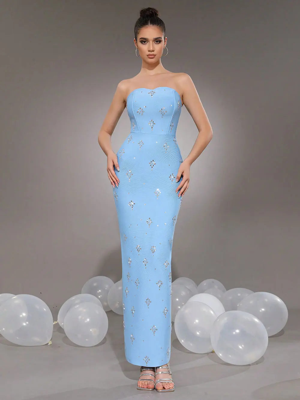 2024 Sexy Women'S Light Luxury Rhinestone Bandage Dress Strapless Sleeveless Bodycon Backless Long Dress Christmas Party Vestido Blue