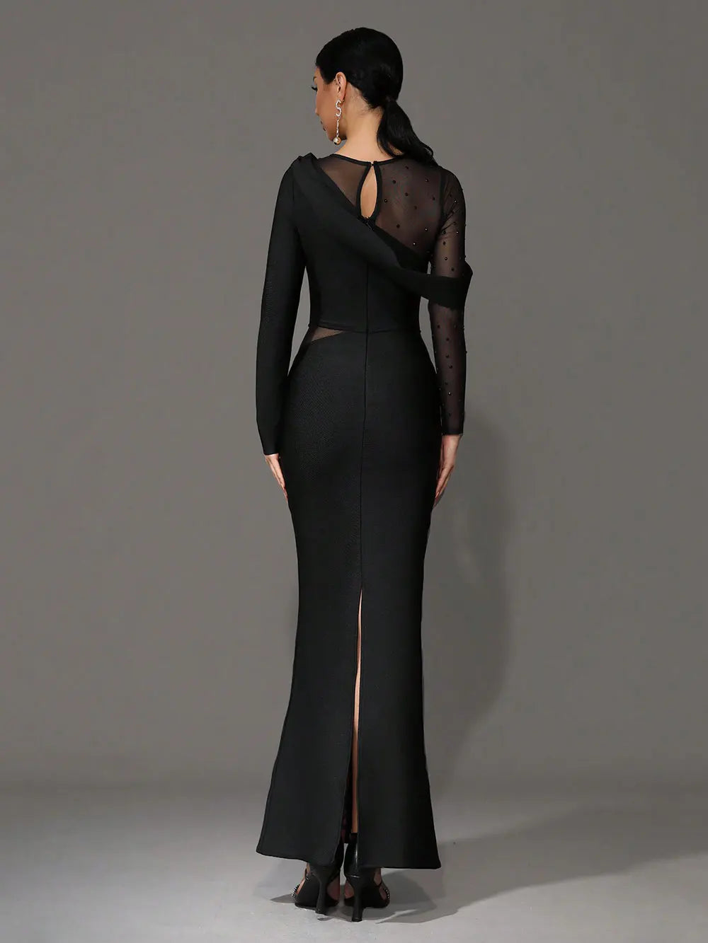 2025 Elegant Women 3D Hot Diamond Mesh Patchwork Bandage Dress O-Neck Long Sleeve Bodycon Black Long Dress Evening Party Vestido