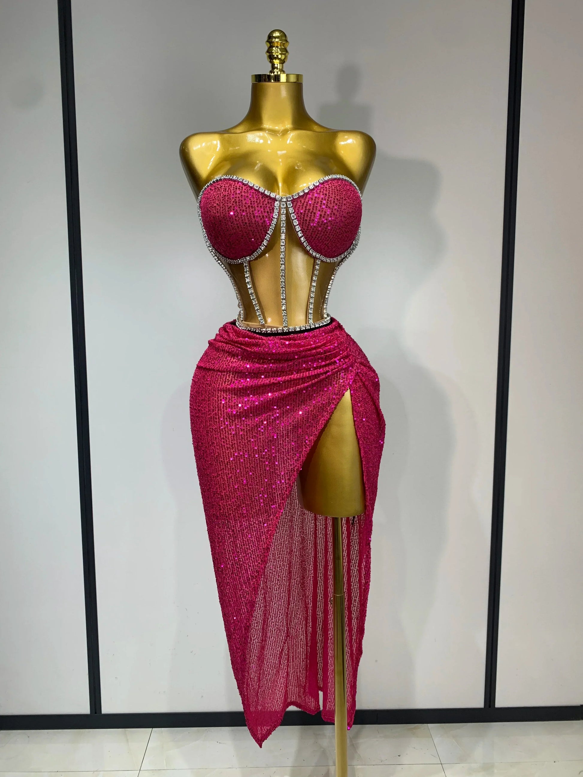 Women Sparkly Rhinestones Sequins Sexy Mesh Two Piece Set Evening Birthday Party Dress Nightclub Stage Performance Costumes Rose Red