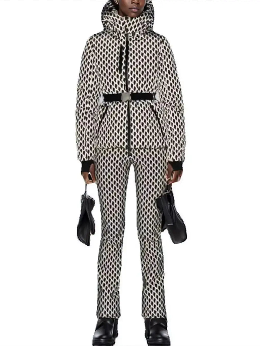 2025 Women's Winter Hooded Padded Sport Parkas Pants 2 PCS Set Belt Female Elegant Warm Windproof Skiing Coats Jackets Trousers