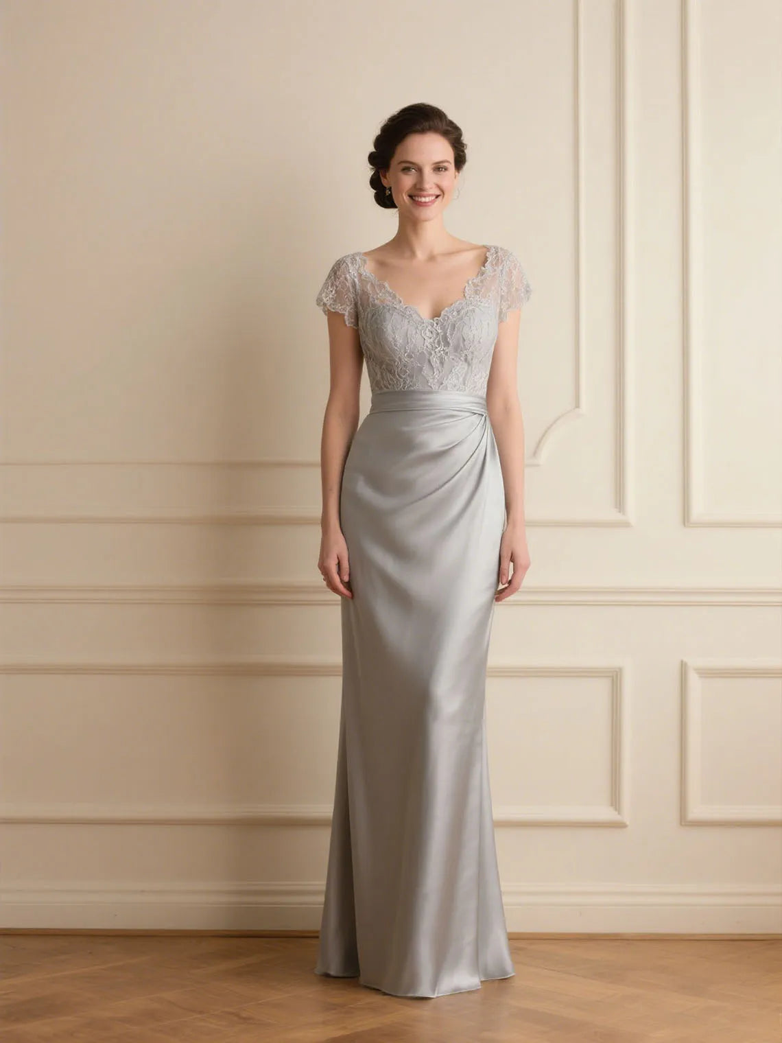 Mother Of The Bride Gown - Sexy Vintage Mermaid Mother of the Bride Dress Sweep Train V Neck Cap Sleeve Satin Formal Evening Prom Gown 2025 Free Customized Silver