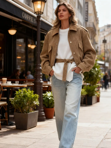 Suede Long Sleeve Bomber Jacket Women Street Turn-down Collar Epaulet Long Sleeve Ruched Loose Autumn Winter Coats New Outerwear