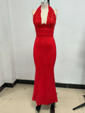 2024 Sexy Women's Maxi Red Sparkle Dress with Hanging Neck Sleeveless Bodycon Backless Long Dresses Evening Club Party Vestidos