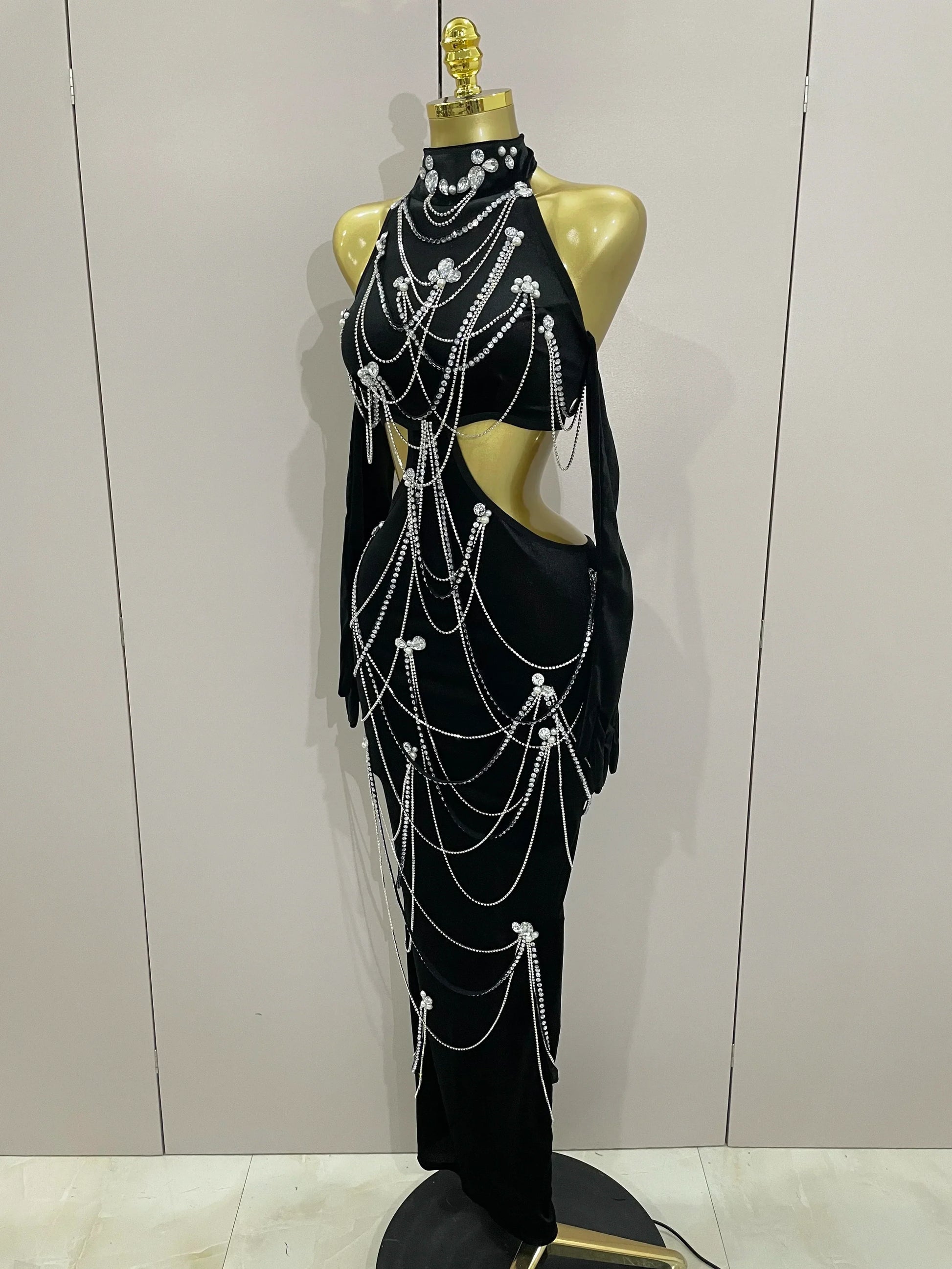 Women Sparkly Diamonds Tassels Chain Balck Sexy Halter Backless Long Dress Evening Birthday Party Celebrate Stage Costume