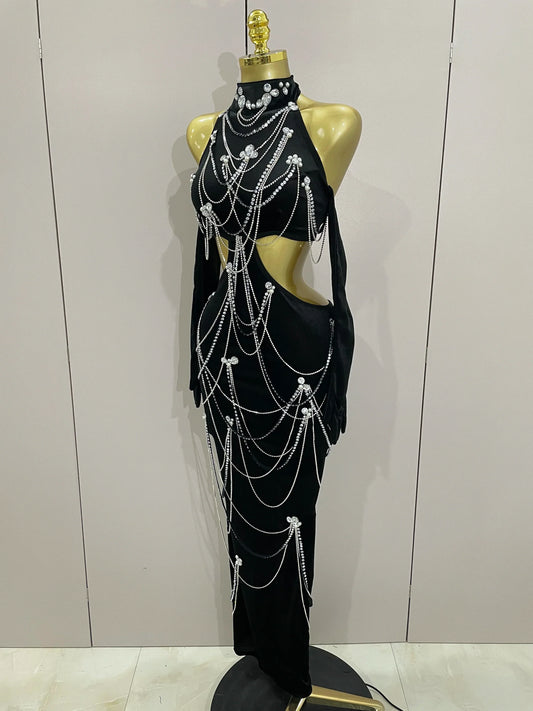 Women Sparkly Diamonds Tassels Chain Balck Sexy Halter Backless Long Dress Evening Birthday Party Celebrate Stage Costume