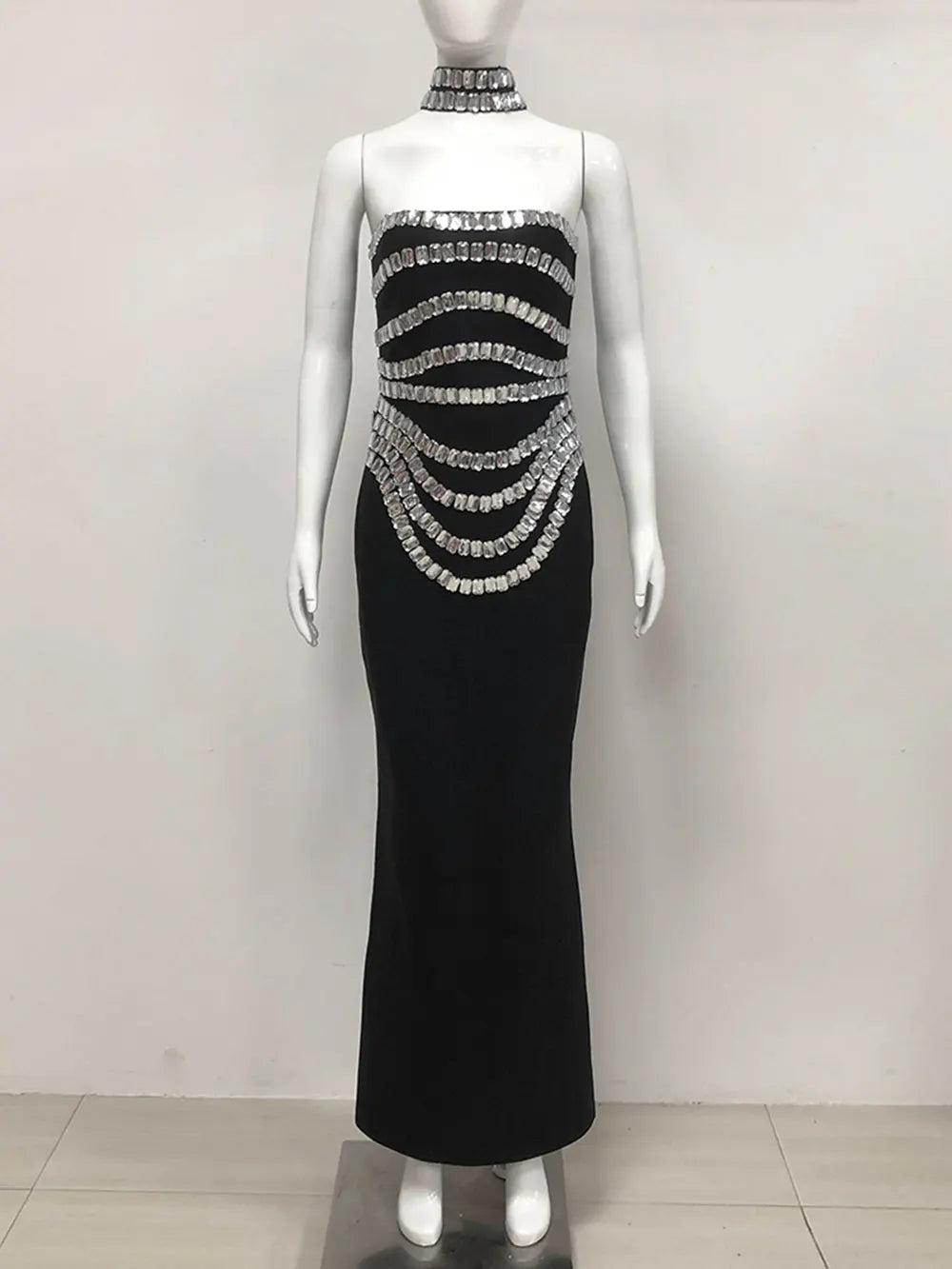 Spring Women Light Luxury Bead Design Bandage Dress+Neck Set Strapless Sleeveless Bodycon Backless Long Dress Party Vestido black