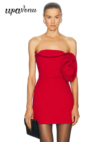 2024 Sexy Women 3D Flower Design Christmas Dress Strapless Sleeveless Bodycon Bareback Mini Dress Cocktail Evening Party Vestido