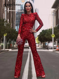 Women'S Light Luxury Sequin Patchwork Bandage Jumpsuit O-Neck Long Sleeved Waistband Flared Jumpsuit Pants Party Jumpsuit