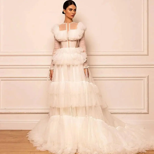 Elegant Off White Evening Dress Long Sleeve Tiered Tulle Wedding Party Newest Formal Occasion Gowns