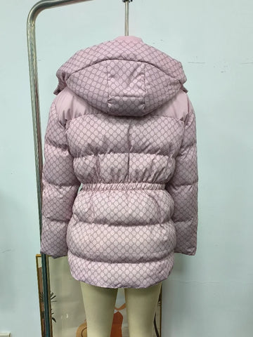 Women's Winter Coats Printed Drawstring Hooded Padded Jacket New Female Zipper Long Sleeve Slim Pocket Coat Chic Lady Outerwears
