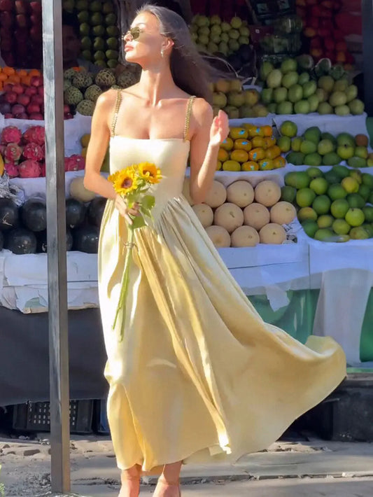 Spring Women's Strap Chain Sleeveless Long Dress Fashionable Slimming Hundred Fold Elegant Dresses Evening Party Vestidos