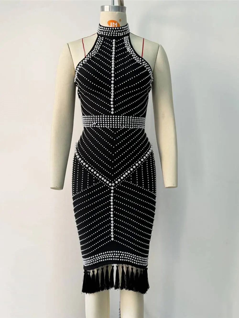 2025 Sexy Women Heavy Industry Pearl Nail Bead Bandage Dress Hanging Neck Sleeveless Bodycon Backless Midi Tassel Dress Vestidos
