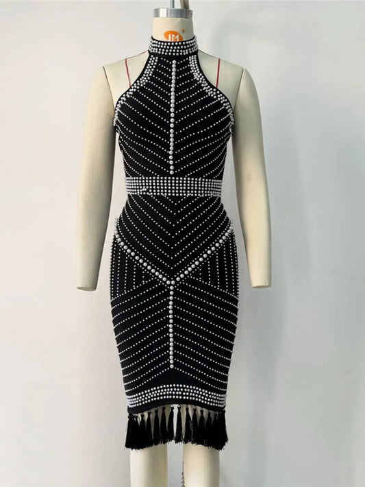 2025 Sexy Women Heavy Industry Pearl Nail Bead Bandage Dress Hanging Neck Sleeveless Bodycon Backless Midi Tassel Dress Vestidos