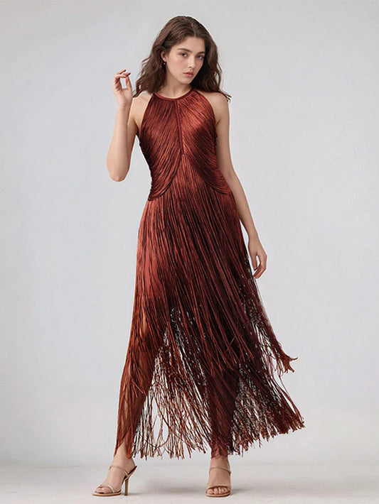 Modphy Sexy Tassel Ankle Bodycon Bandage Long Dress Celebrity Elegant Evening Club Luxury Birthday Party Outfit ﻿