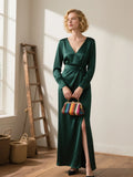 Mother Of The Bride Dress - Sexy V Neck Long Sleeves Satin Evening Dress High Split Elegant Ankle Length Mother of the Bride Dress 2025 free customized Dark Green