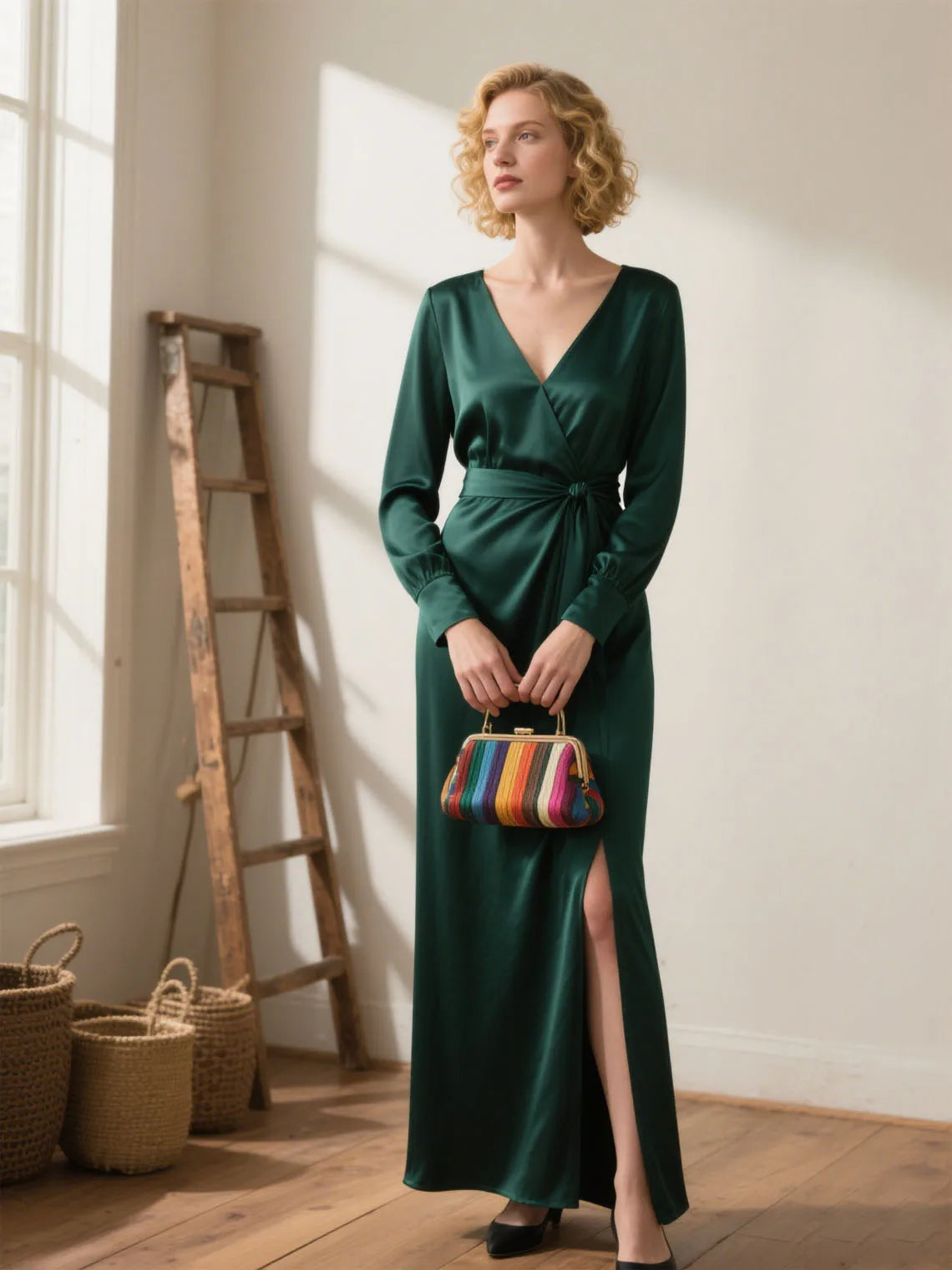 Mother Of The Bride Dress - Sexy V Neck Long Sleeves Satin Evening Dress High Split Elegant Ankle Length Mother of the Bride Dress 2025 free customized Dark Green